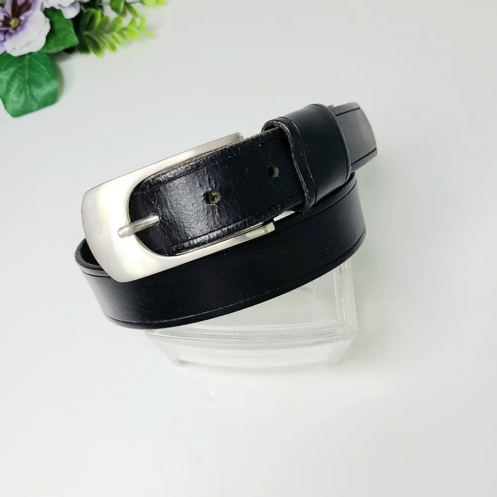 Claudia Barnes Black Genuine Leather Brass Buckle Minimal Belt